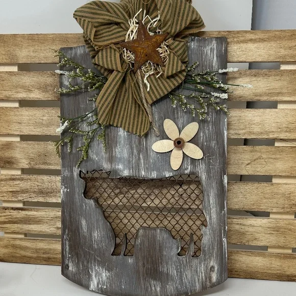 Rustic Farmhouse Wall Decor with Cow Cutout and Bow - Picture 1 of 9
